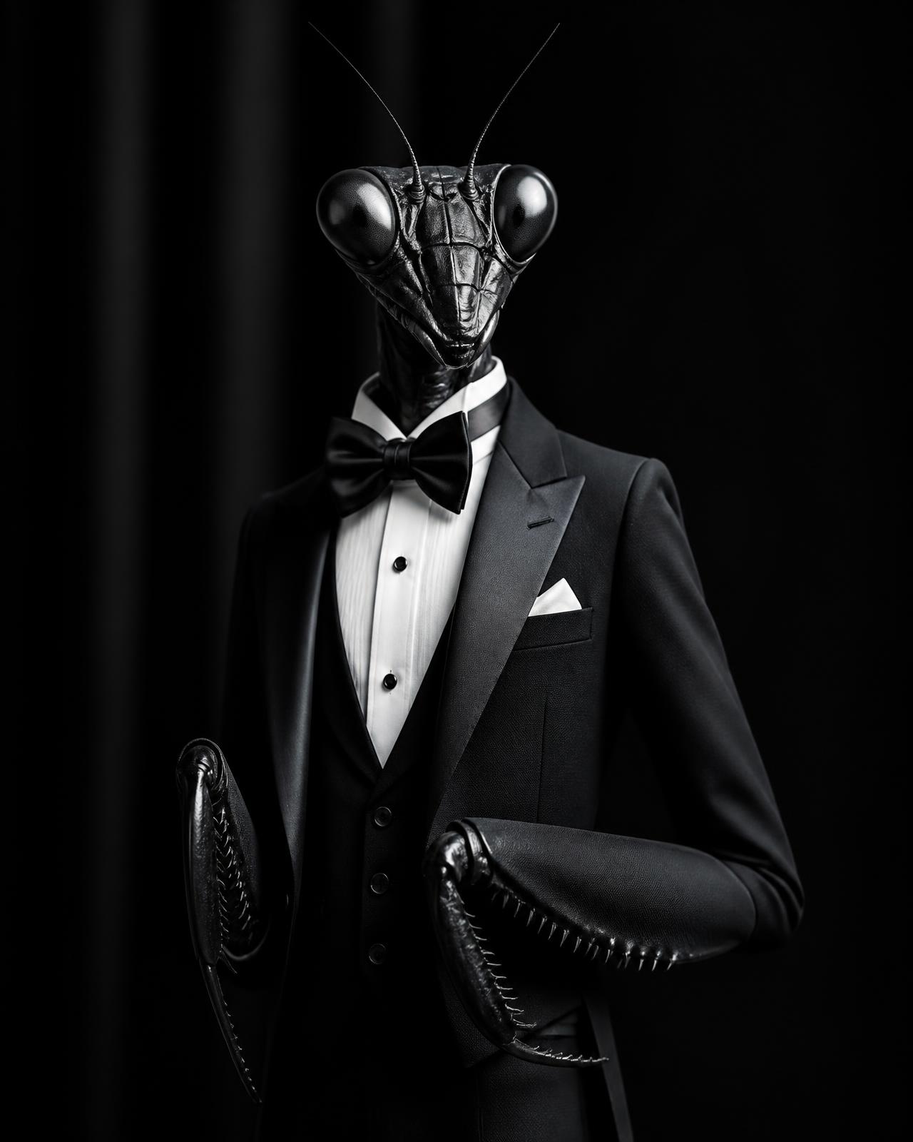 Black mantis wearing the Rite Tuxedo