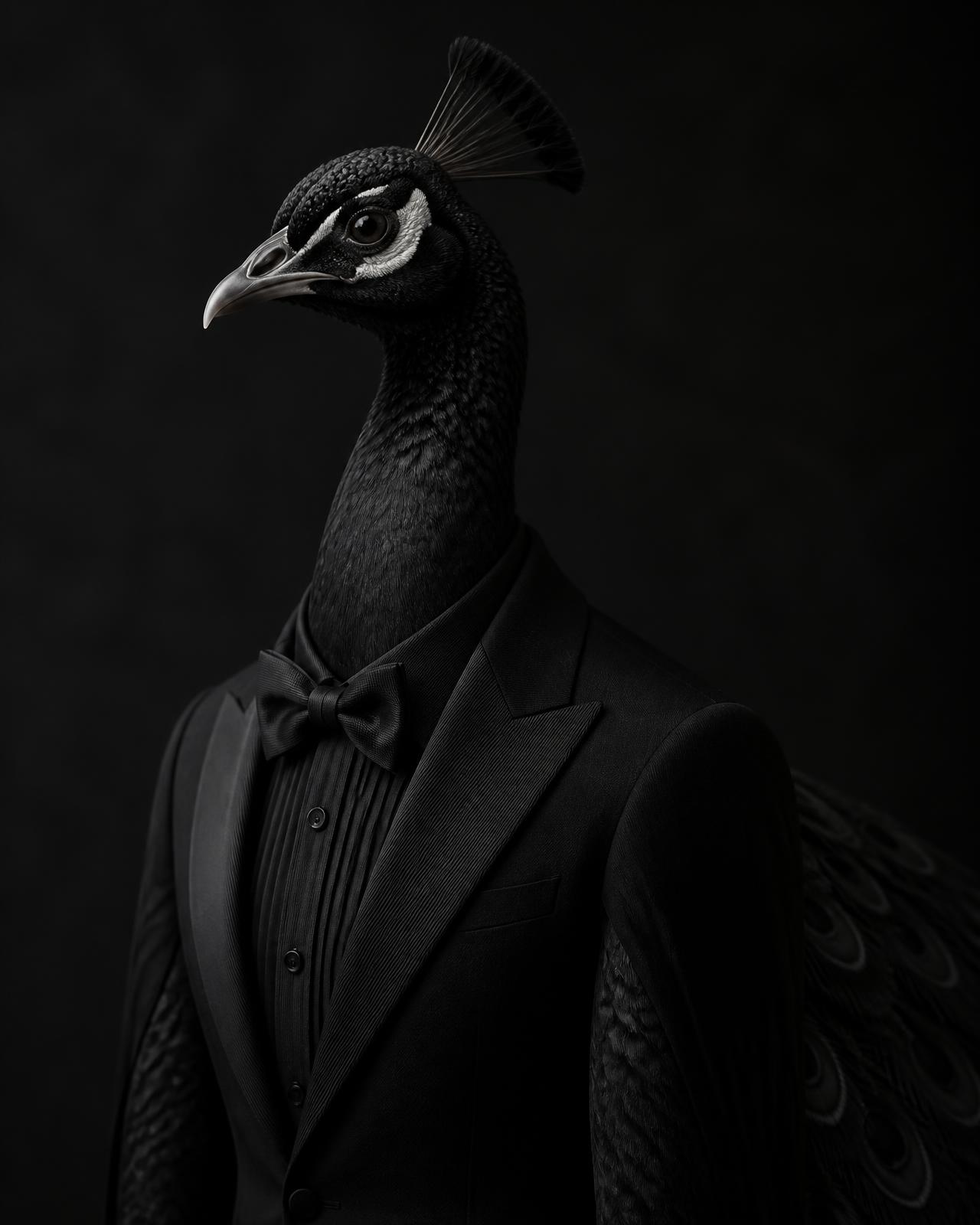 Black peacock wearing the Plume Dinner Jacket