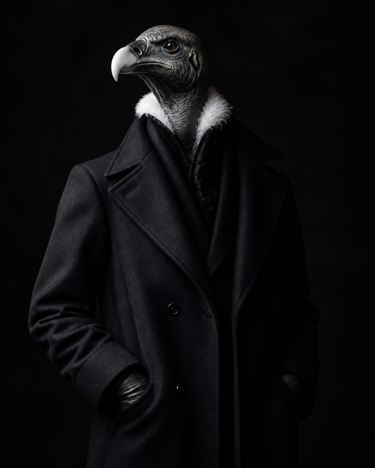 Black condor wearing the Talon Overcoat
