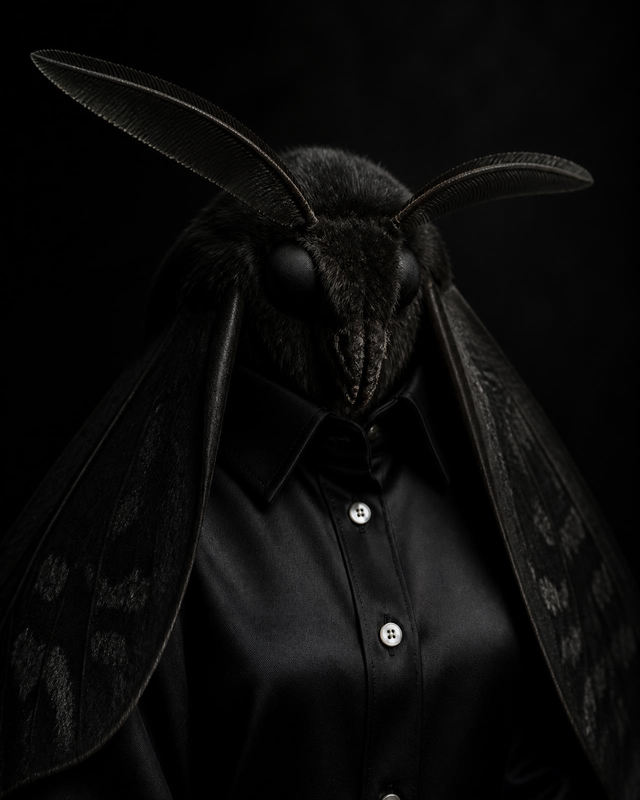 Black moth wearing the Silk Shirt No.1