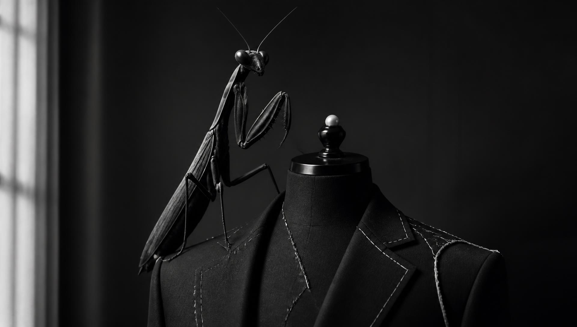 A black mantis poised on a tailor's dummy wearing a half-finished dinner jacket marked with chalk lines